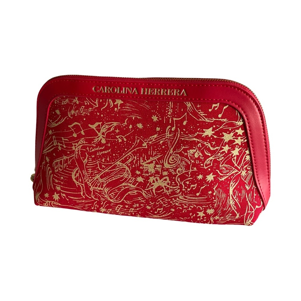 Carolina Herrera Red & Gold Cosmetic Bag Makeup Pouch Zip Travel Case